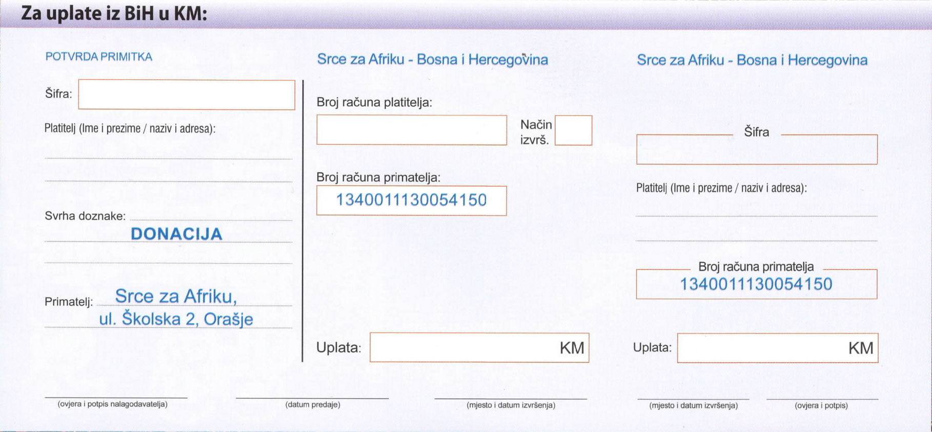 Primjer popunjene uplatnice za donaciju iz BiH